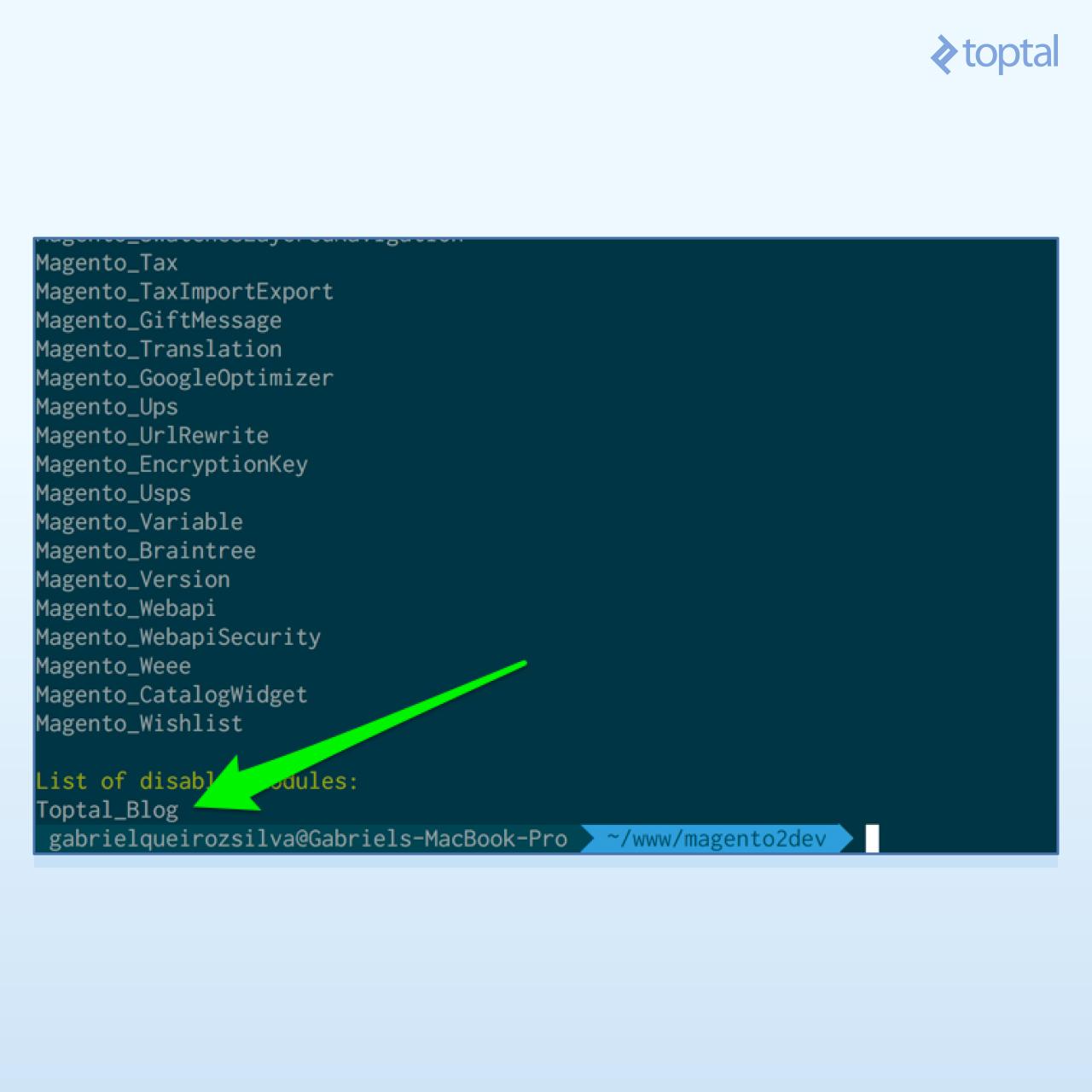 Output of status command, showing Toptal_Blog module being disabled