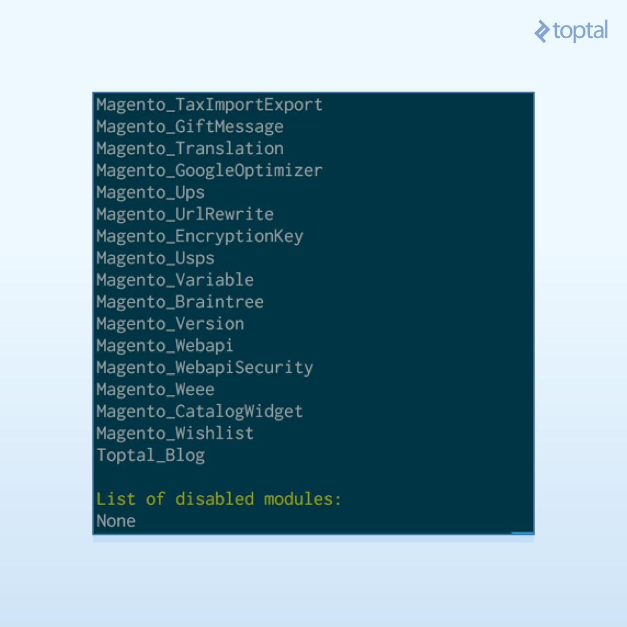 Output of status command, showing Toptal_Blog module being enabled