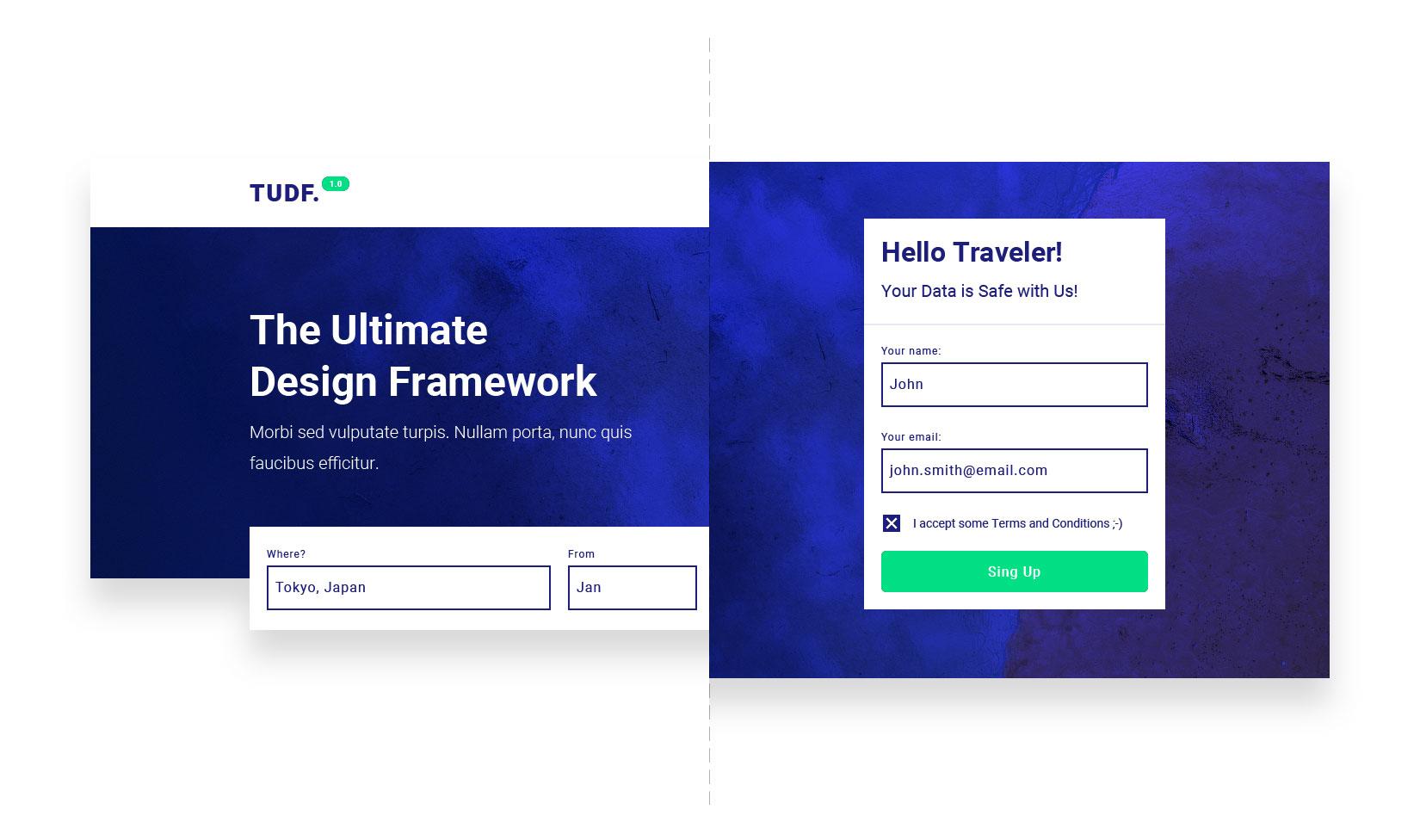 Different website sections made from complex UI components for a UI design framework