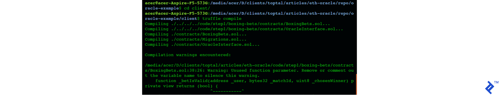 Screenshot of compiling and migrating the contract